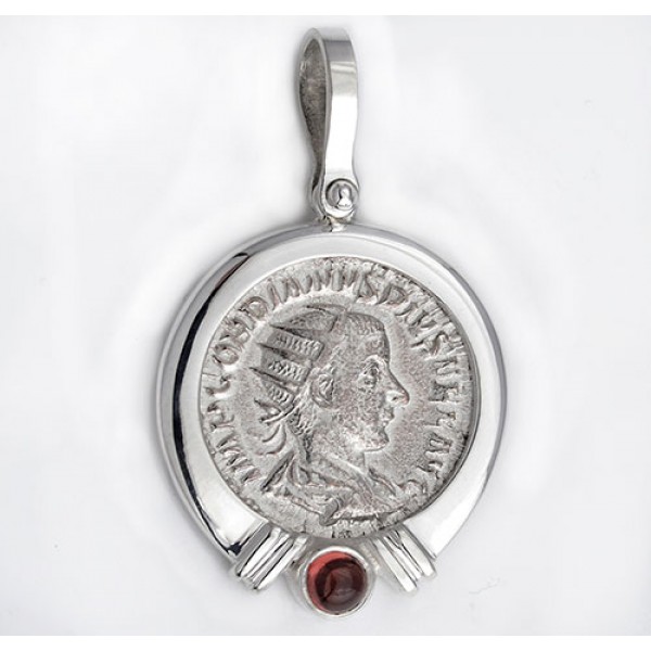 Roman Silver Double Denarius Coin in Sterling Silver Pendant with Garnet circa 238-244 A.D.
